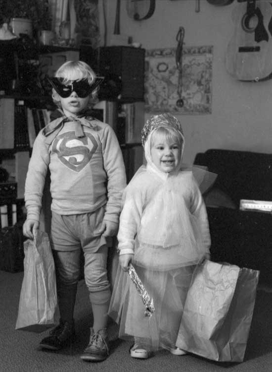 Lance as Superman and Wendy as a pink princess, Halloween 1974