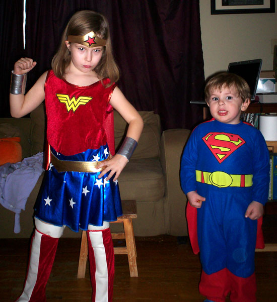 Rachel as Wonder Woman and Ben as Superman, Halloween 2008