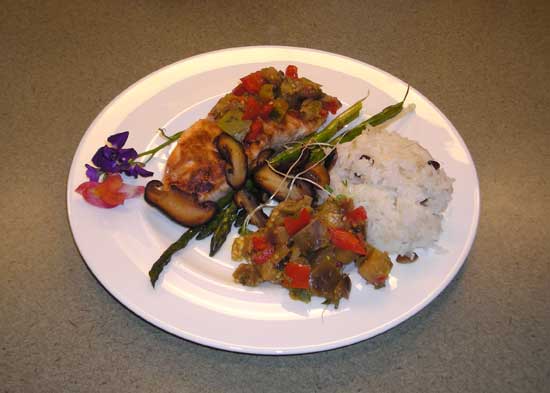 Broiled Salmon with Curried Eggplant Chutney, Roasted Asparagus with Shitake Mushrooms, Rice with Roasted Pumpkin Seed and Pine Nuts